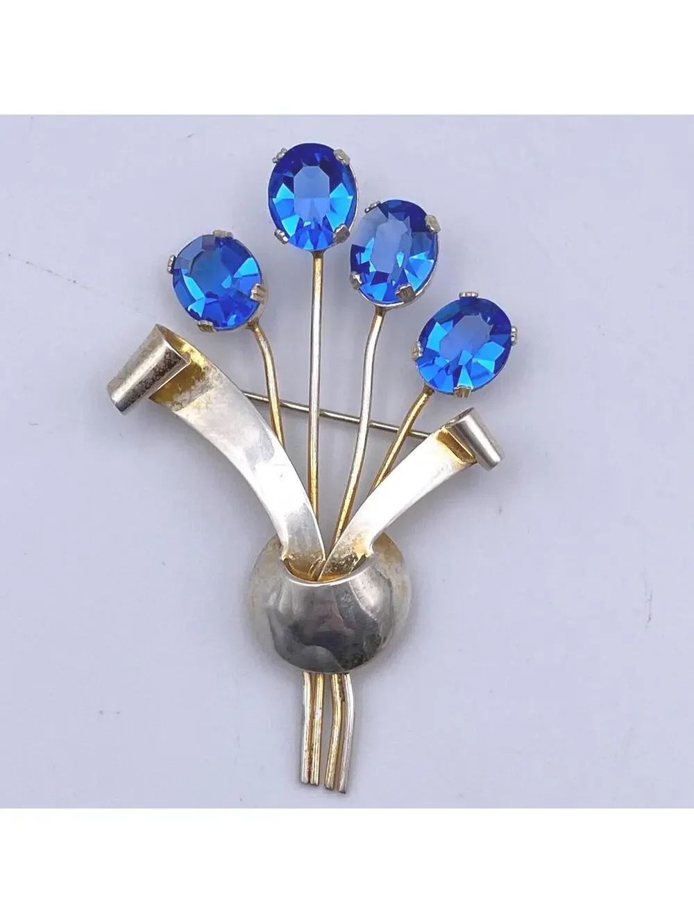 Vintage Gilt Sterling Silver & Cobalt Blue Glass Flower Brooch, Signed STERLING.